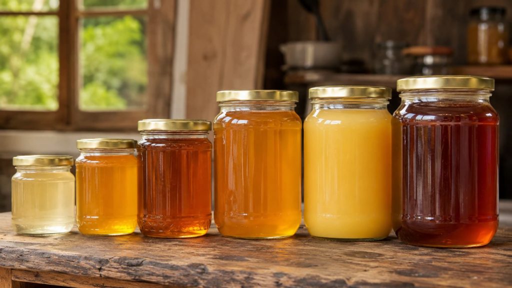 Des pots de miel cote à cote sur une table